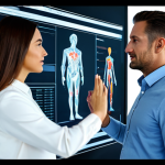 A professional male and female marketer, fully clothed in modest business attire, are engaged in strategic discussions in a high-tech modern office. They are looking at large holographic data visualizations and collaborating on a global marketing strategy, showcasing the integration of AI and big data analytics. The scene emphasizes innovation and forward-thinking. The image should feature perfect anatomy, correct proportions, natural poses, well-formed hands, and proper finger count. It must be safe for work, appropriate content, professional, and family-friendly.