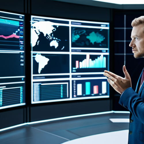 Home 6 A focused, professional data analyst in a modest business suit, standing in a sleek, modern data control room. Large, illuminated screens display complex data visualizations, global market trends, and a holographic world map. The analyst is gesturing towards the screens, conveying deep understanding. Soft, futuristic glow from the screens. professional photography, high detail, sharp focus, perfect anatomy, correct proportions, natural pose, well-formed hands, proper finger count, natural body proportions, fully clothed, appropriate attire, modest clothing, safe for work, appropriate content, family-friendly.