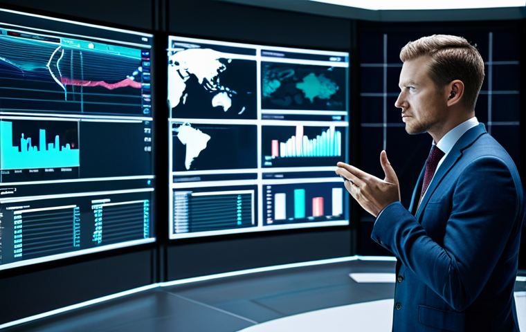 A focused, professional data analyst in a modest business suit, standing in a sleek, modern data control room. Large, illuminated screens display complex data visualizations, global market trends, and a holographic world map. The analyst is gesturing towards the screens, conveying deep understanding. Soft, futuristic glow from the screens. professional photography, high detail, sharp focus, perfect anatomy, correct proportions, natural pose, well-formed hands, proper finger count, natural body proportions, fully clothed, appropriate attire, modest clothing, safe for work, appropriate content, family-friendly.