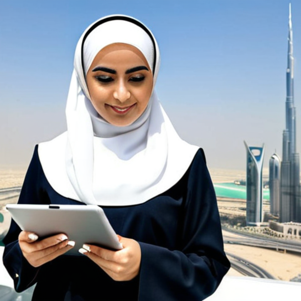 **

"A professional Arab businesswoman, fully clothed in a modest, stylish abaya and hijab, standing confidently in a modern office overlooking a cityscape of Dubai.  She is holding a tablet displaying data analytics.  Appropriate attire, safe for work, perfect anatomy, correct proportions, professional, family-friendly, natural pose, well-formed hands, proper finger count, natural body proportions, high quality."

**