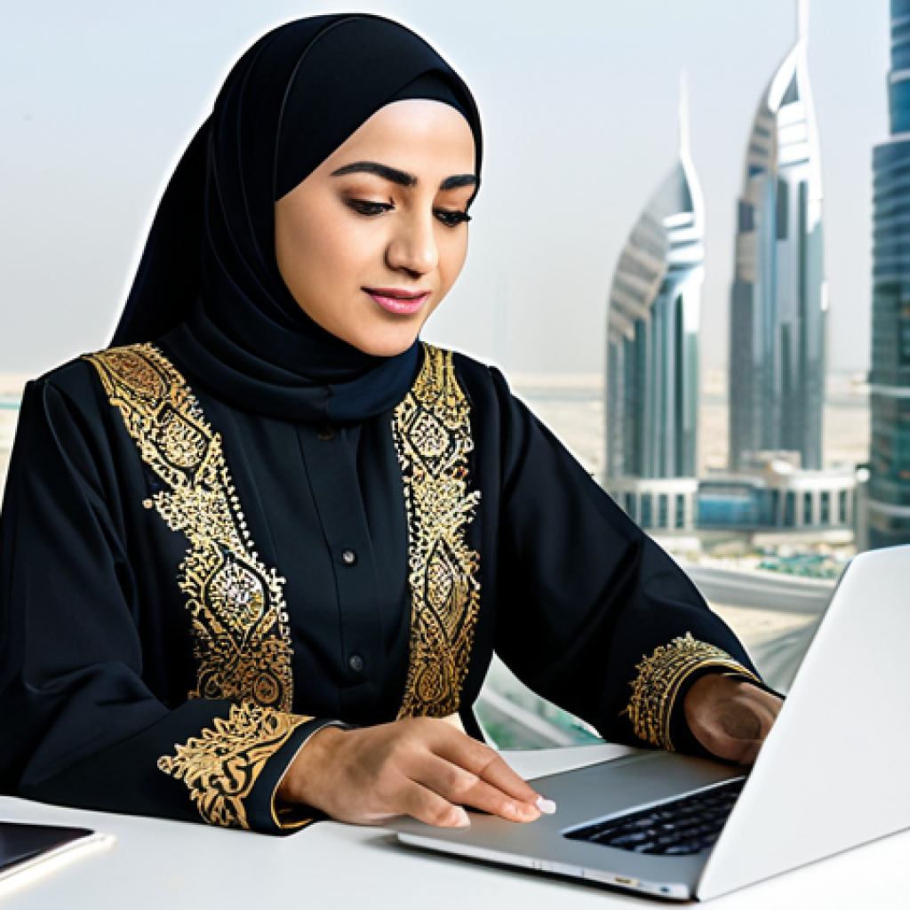"A professional Arab businesswoman in a modest, elegantly tailored abaya (traditional robe) and hijab, working on a laptop in a modern, brightly lit office overlooking Dubai's skyline. The abaya is intricately embroidered with gold thread. Focus on her confident expression and the fusion of tradition and modernity. Perfect anatomy, natural proportions, well-formed hands, proper finger count, safe for work, appropriate content, fully clothed, professional, modest, family-friendly, high quality."