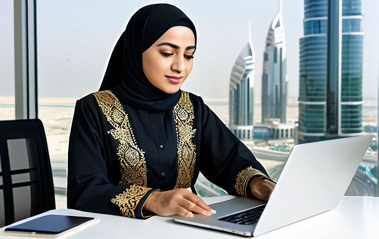 "A professional Arab businesswoman in a modest, elegantly tailored abaya (traditional robe) and hijab, working on a laptop in a modern, brightly lit office overlooking Dubai's skyline. The abaya is intricately embroidered with gold thread.  Focus on her confident expression and the fusion of tradition and modernity.  Perfect anatomy, natural proportions, well-formed hands, proper finger count, safe for work, appropriate content, fully clothed, professional, modest, family-friendly, high quality."