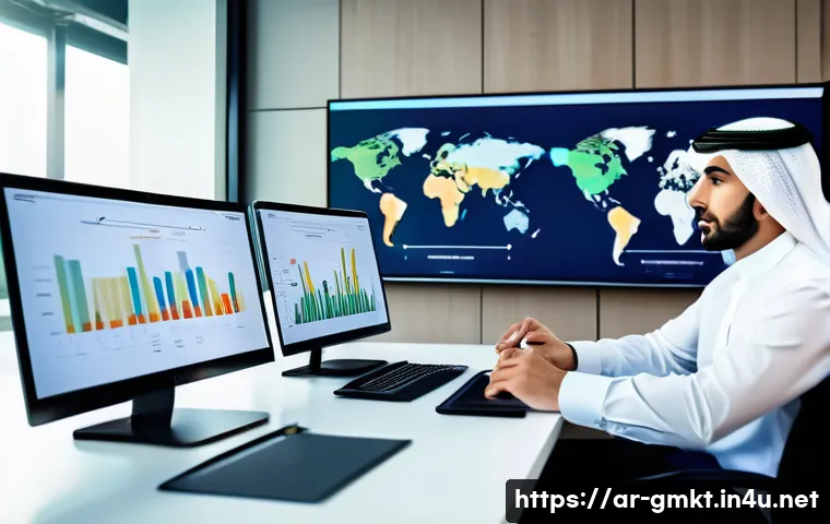 해외마케팅 리서치와 데이터 해석 - A professional Middle Eastern marketing team in a modern office setting, analyzing global consumer b...