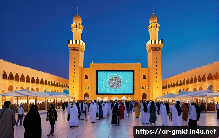 해외마케팅 공공기관 사례 분석 - A vibrant government marketing campaign scene set in a bustling Middle Eastern city square during a ...
