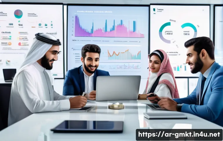 해외마케팅 중점 과목 분석 - A professional Middle Eastern marketing team in a modern office setting, analyzing global market tre...
