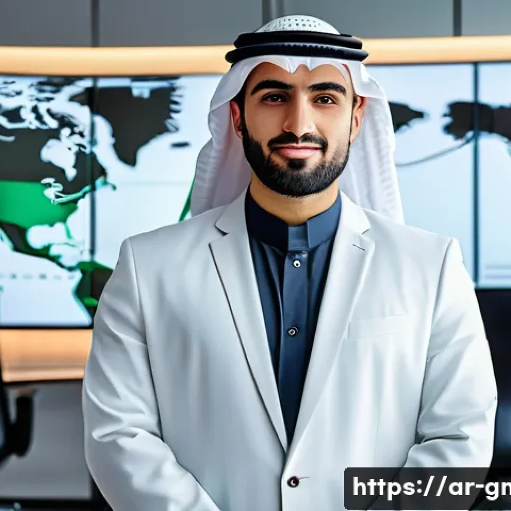 해외마케팅 전문가의 자기 브랜딩 - A professional Arab man in modern business attire standing confidently in a sleek, high-tech office ...