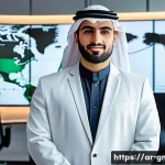 Home 20 해외마케팅 전문가의 자기 브랜딩 - A professional Arab man in modern business attire standing confidently in a sleek, high-tech office ...