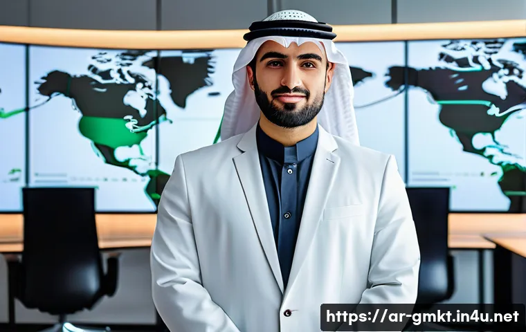 해외마케팅 전문가의 자기 브랜딩 - A professional Arab man in modern business attire standing confidently in a sleek, high-tech office ...