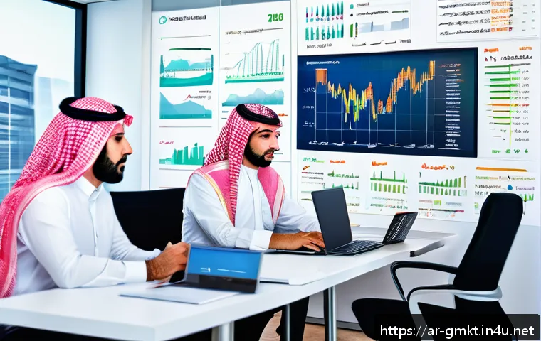 해외마케팅 채널별 전략 비교 - A vibrant digital marketing office scene in a Middle Eastern setting, featuring a diverse team of pr...