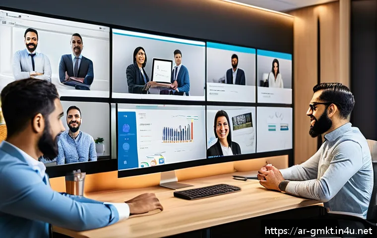 해외마케팅 프로젝트 관리법 - A diverse international marketing team collaborating in a modern virtual workspace, featuring profes...