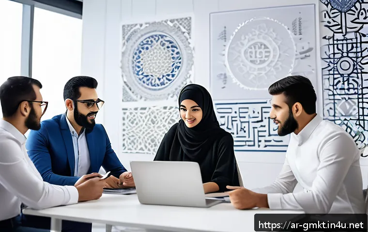 해외마케팅 분야 채용 시장 분석 - A professional Middle Eastern marketing team in a modern office setting, engaged in a dynamic brains...