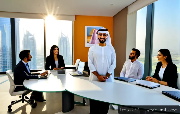 Home 17 해외마케팅 성공적인 클라이언트 관리 - Photorealistic international marketing client management meeting in a modern Dubai office, confident...