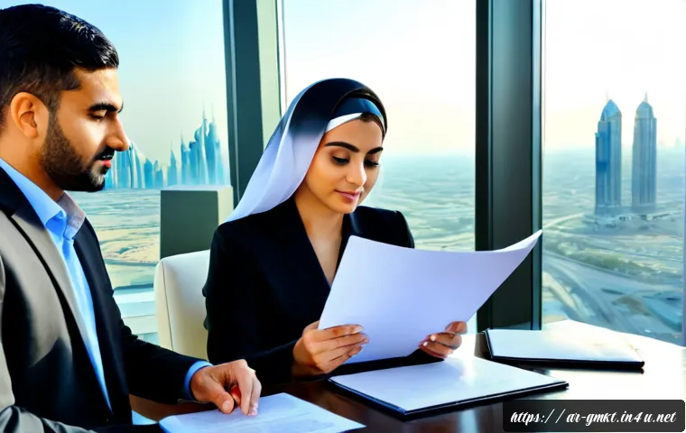 해외마케팅과 국제 비즈니스 법률 - Photorealistic modern Gulf business meeting in a sunlit Dubai-style office, Arab marketing executive...